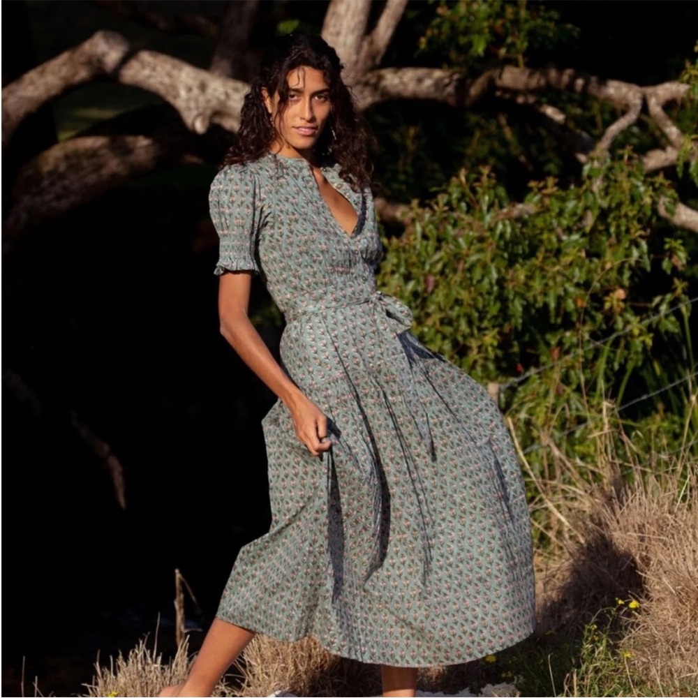 Daughters of India Sage Green Floral Midi Dress